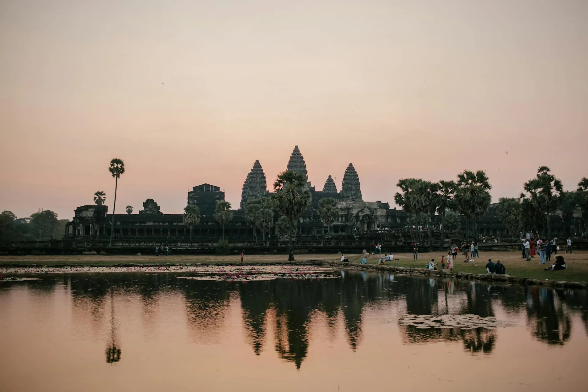 Angkor Wat temple with orange sky