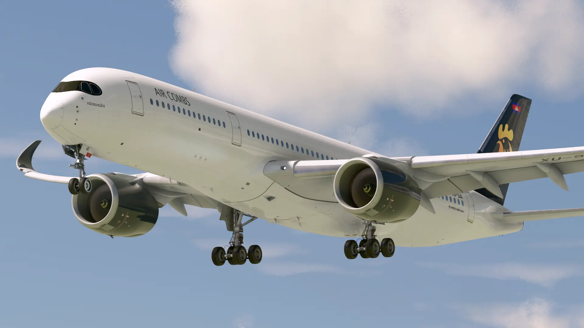 Air Combs A350 on short final in evening bad weather