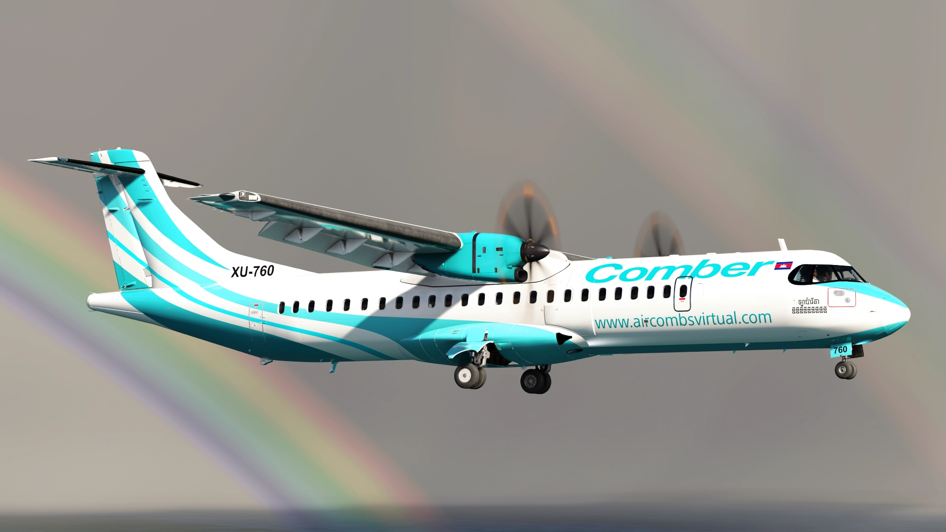 Comber ATR 72-600 on short final with double rainbow in the background