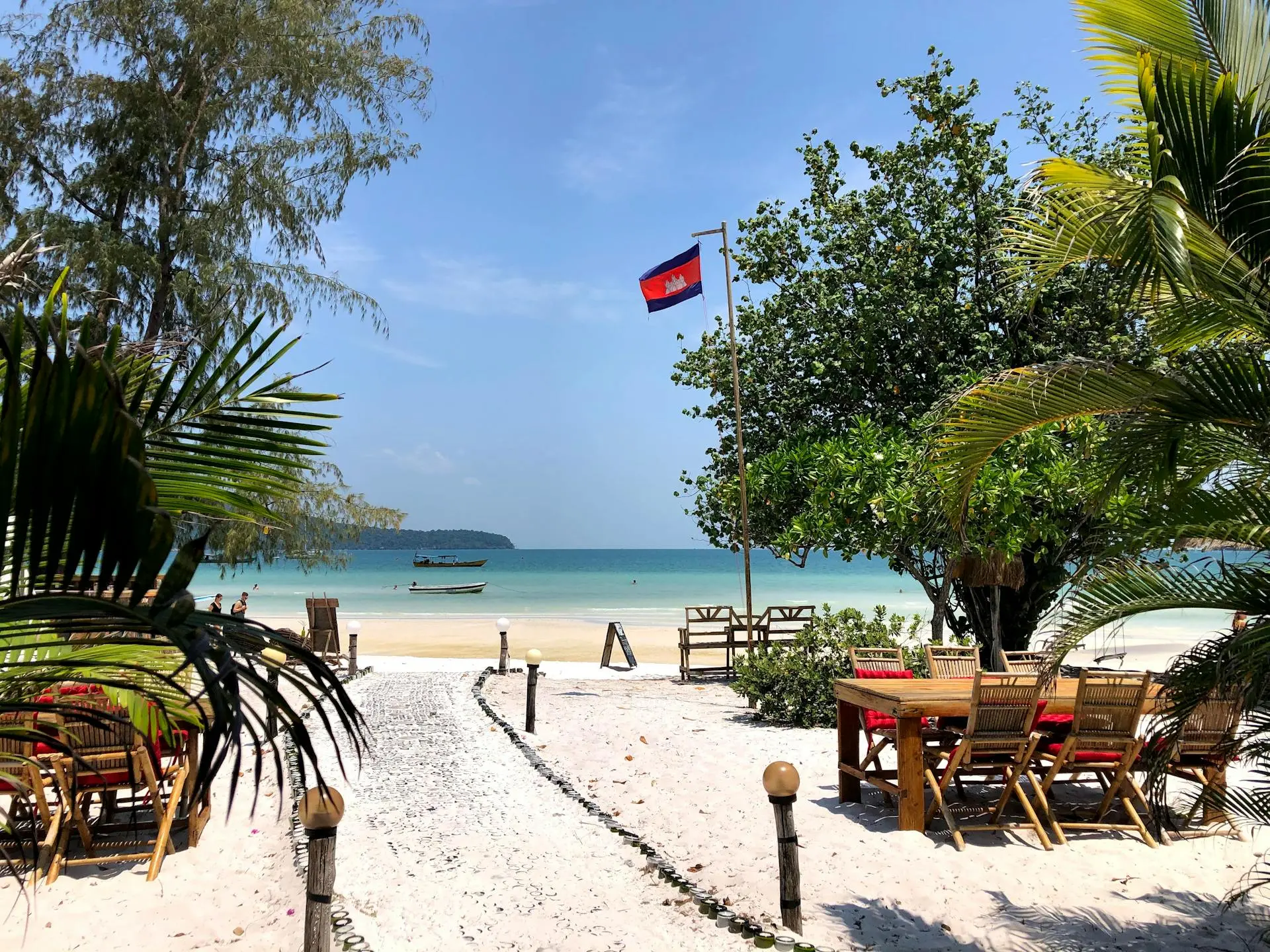 Sihanoukville beach with Cambodia flag
