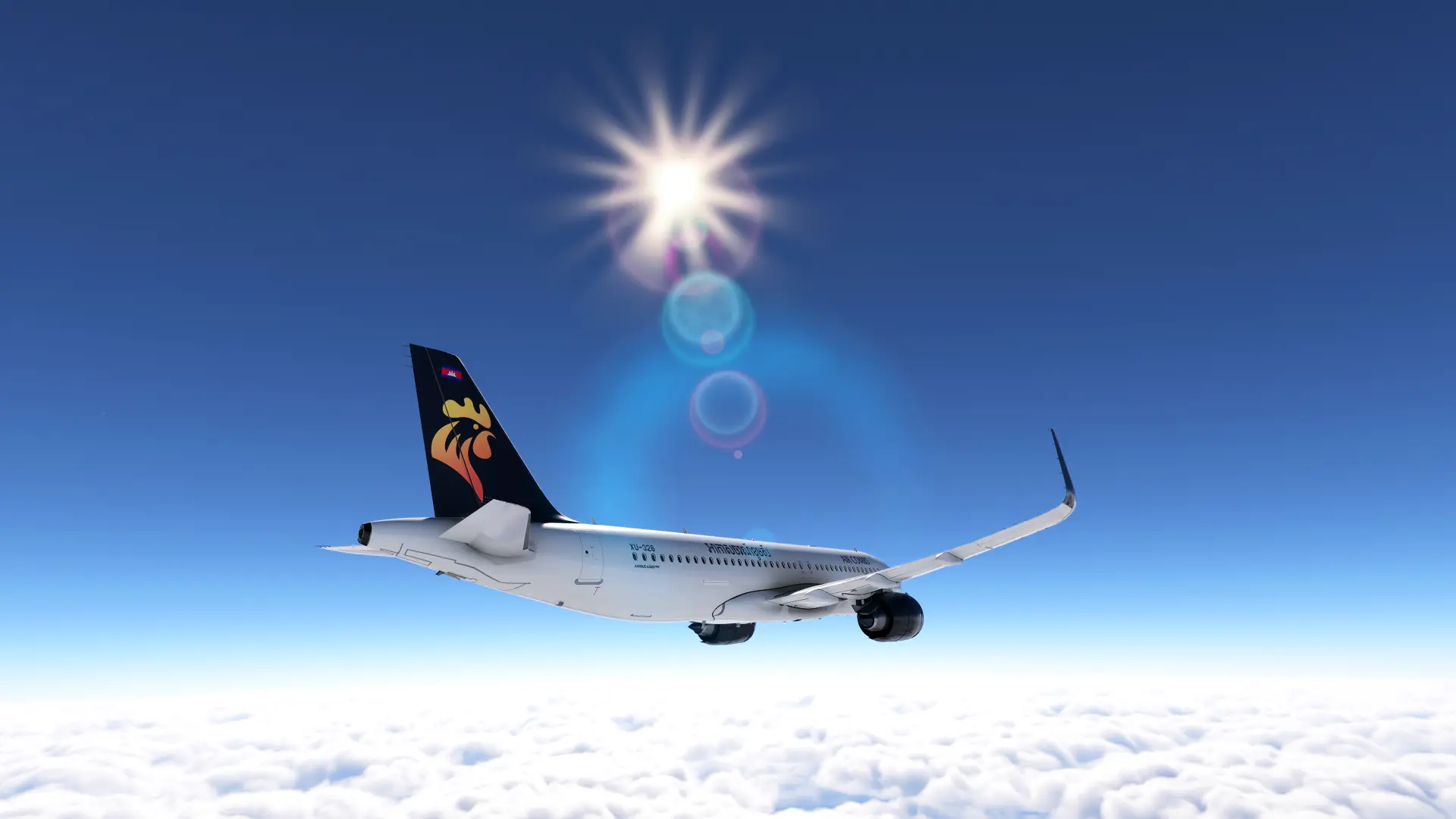 Air Combs A320neo flying over clouds with lens flare above from the sun